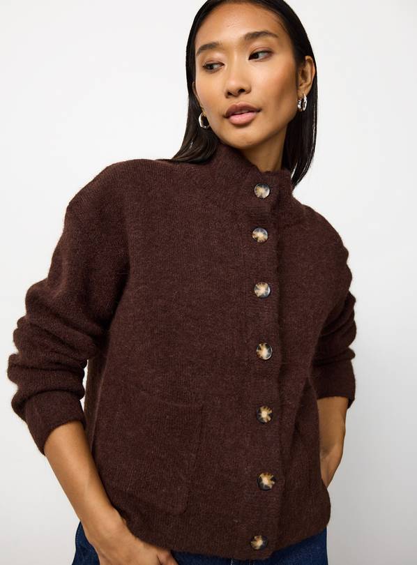 Brown Alpaca Blend Funnel Neck Cardigan S